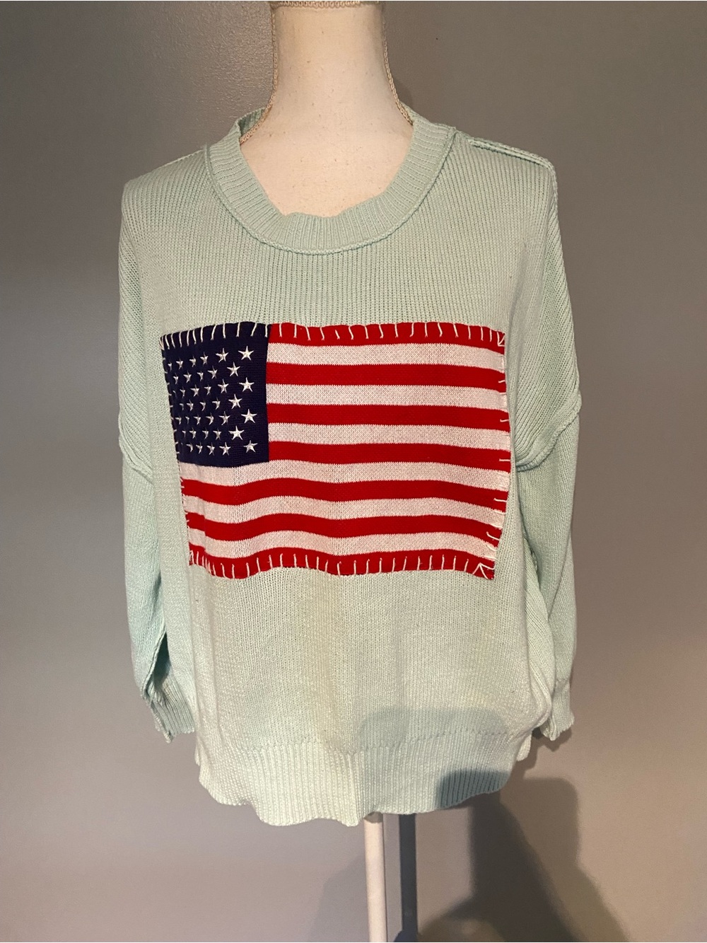 Simply Southern Light Mint Crewneck Sweater with American Flag Patch